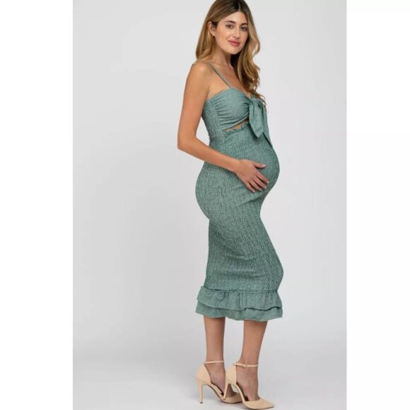 Pinkblush Mable Green Gingham Smocked Fitted Self-Tie Maternity Midi Dress S - Picture 3 of 11